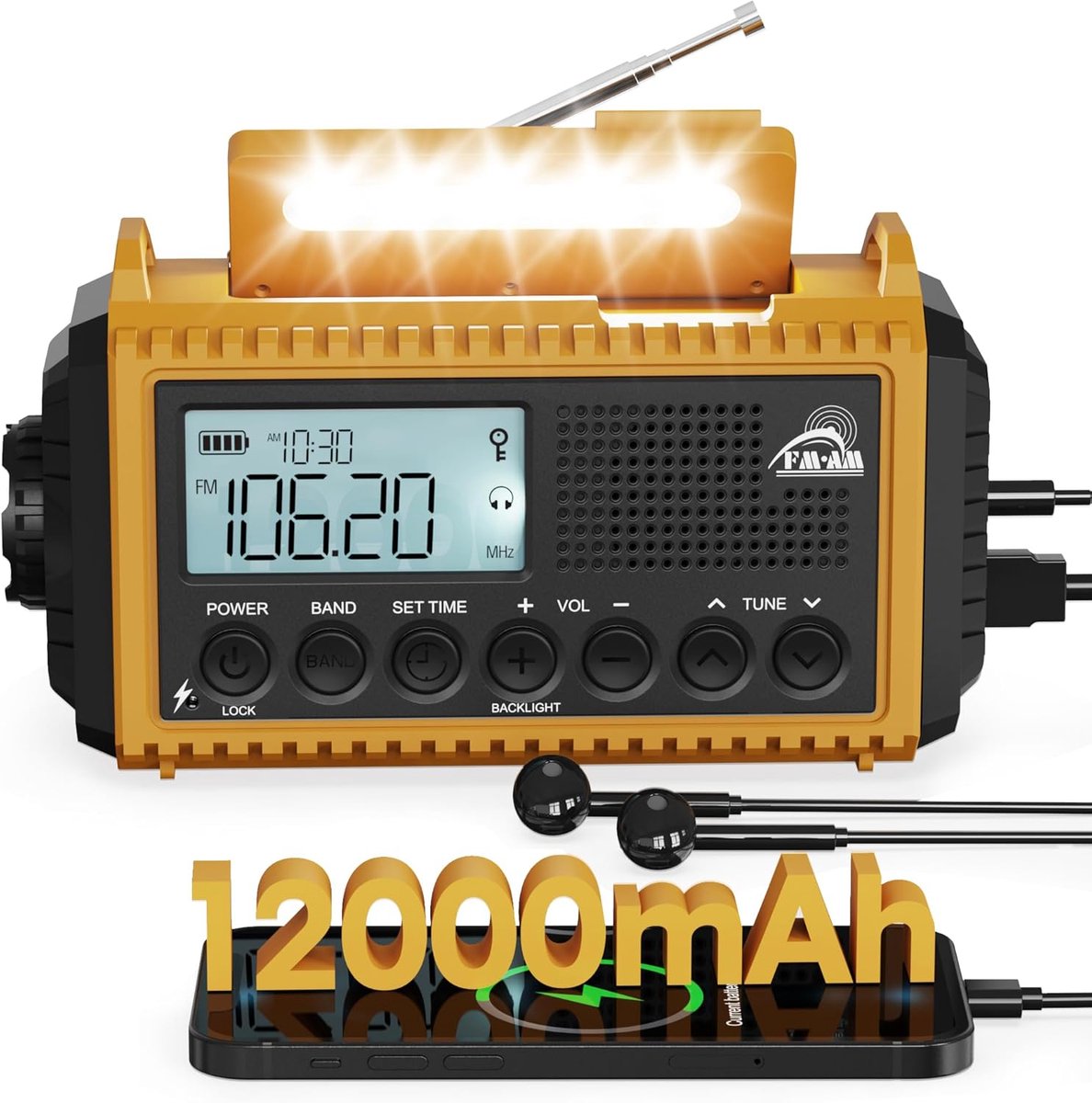 SnelShoppen - Zwengelradio Noodradio 12000 mAh Powerbank AM/FM/SW Bouwplaatsradio Zonne-radio met Wereldontvanger Zaklamp Oplader voor Outdoor Camping