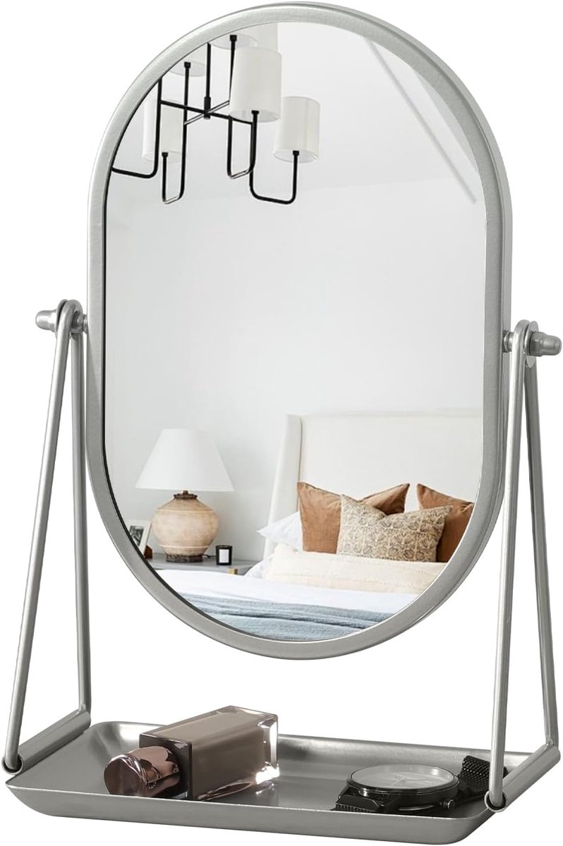 SnelShoppen - Oval Makeup Mirror voor Bureau met Metalen Stand, 360 Graden Draaibaar, Portable Zilver Cosmetica Spiegel voor Reis, Slaapkamer, Kantoor