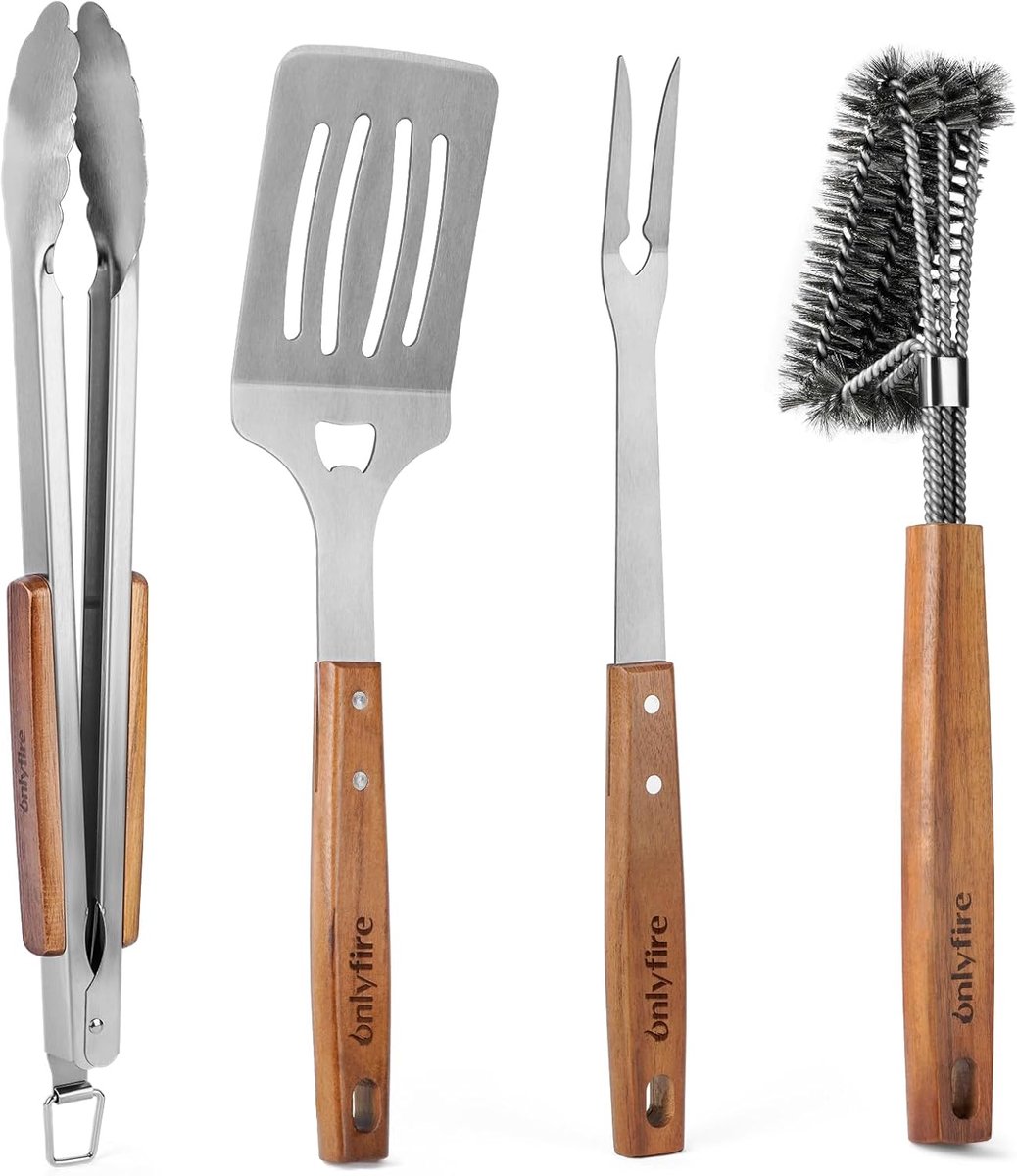 SnelShoppen - BBQ Grill Set RVS 4-delig - Inclusief Grilltangen, Spatel, Vork en Reinigers - Houten Handvatten - Perfect voor Tuin, Camping en Feest