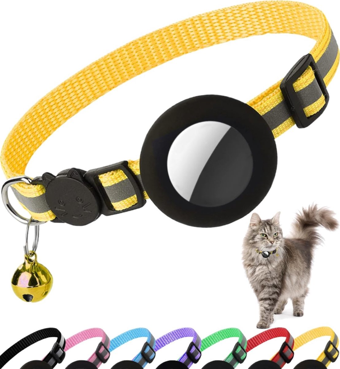 SnelShoppen - Reflecterende Kattenhalsband met AirTag Bescherming, Veiligheidsclip en Bel, Geschikt voor Alle Katten, 1CM Breed, Lichtgewicht, Geel