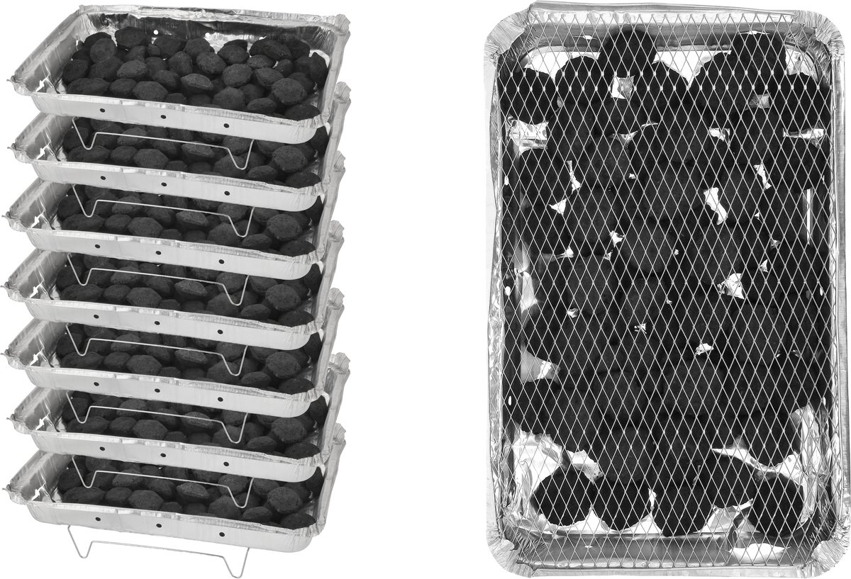Wegwerp Barbecue met Houtskool – 7 Stuks – Grote Wegwerp BBQ 48 x 30,2 cm – 1,45 kg Houtskool per Stuk – Instant BBQ voor 14-18 Personen – Camping en Picknick – Inclusief Rooster en Onderstel