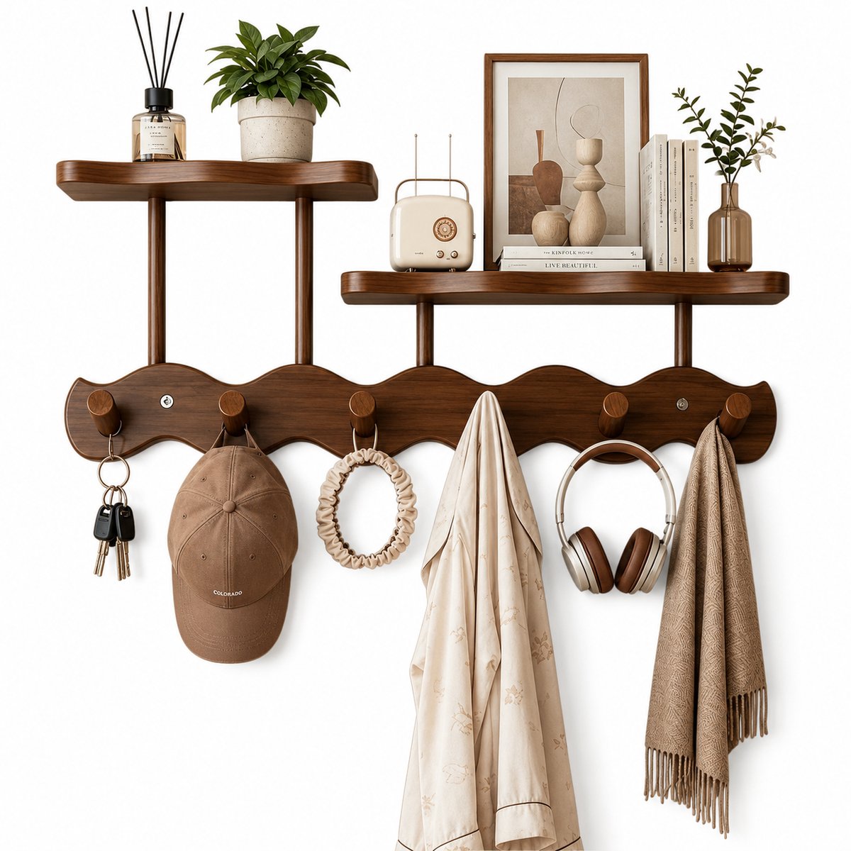 Home & Beyond® Wandkapstok met Hoedenplank en 6 Haken - Zwevende Halplank voor Sleutels, Handdoeken en Kleding - Donkerbruin - 52 x 20 x 16 cm