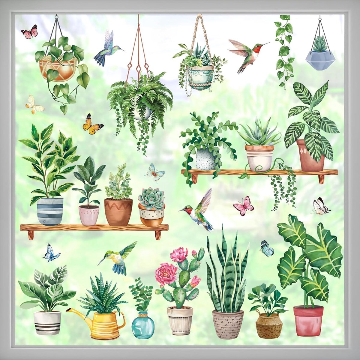 SnelShoppen - Raamstickers Groene Potplant - Dubbelzijdige PVC Glasstickers met Hangende Planten en Vogels - Veilig, Herbruikbaar en Eenvoudig te Plaa