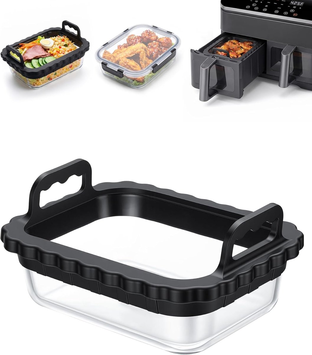 SnelShoppen - Glass Baking Dish voor Air Fryer - Hittebestendig, Krasvrij, Siliconen Handvatten, Verwijderbare Silicone, Ideaal voor Keuken en BBQ, 30