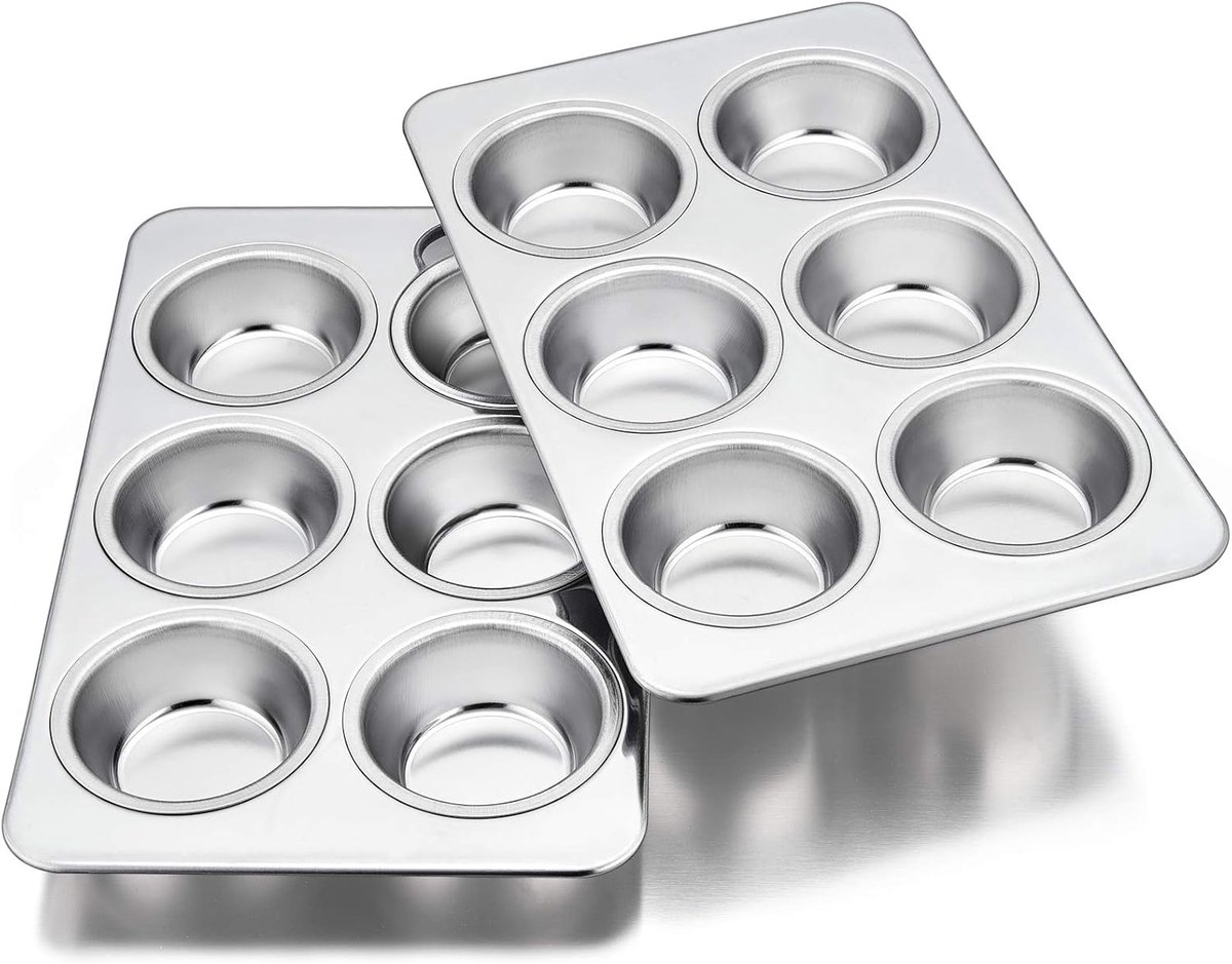 SnelShoppen - Muffin Pan Set van 2, RVS Muffin Vorm voor 6 Muffins, Non-toxic en Gezond, 29x18 cm, Geschikt voor Cupcakes, Pudding en Brownies, Vaatwa