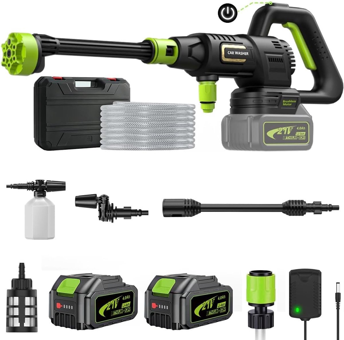 SnelShoppen - Accu Hogedrukreiniger 120 Bar, Borstelloze Motor, 3 Standen Instelbaar, Mobiele Hogedrukreiniger met 2 x 4,0 Ah Accu en 6-in-1 Mondstuk