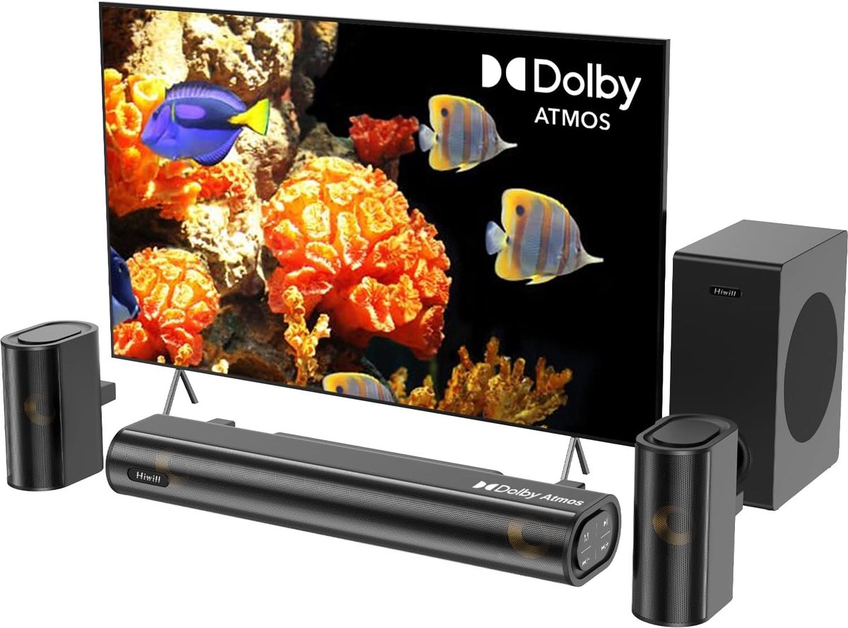 SnelShoppen - 4.1ch Soundbar met Dolby Atmos, 300W Geluidssysteem voor TV met Subwoofer, 2 Voor Surround Speakers, HDMI eARC, Aanpasbare Hoogtes en Ba
