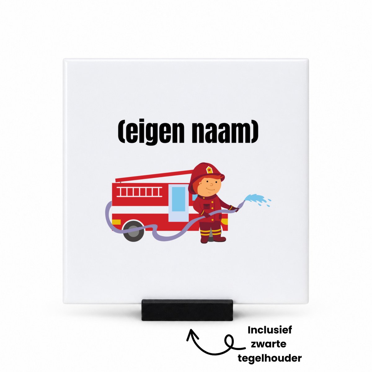 Hacebo Brandweerman met brandweerwagen tegeltje met tegelhouder - iemand die werkt bij de brandweer - tegeltjes met tekst - met eigen naam - leuk cadeau voor iemand die bij de brandweer werkt - cadeau - kado - spreuktegels - 10.8x10.8 CM Wit