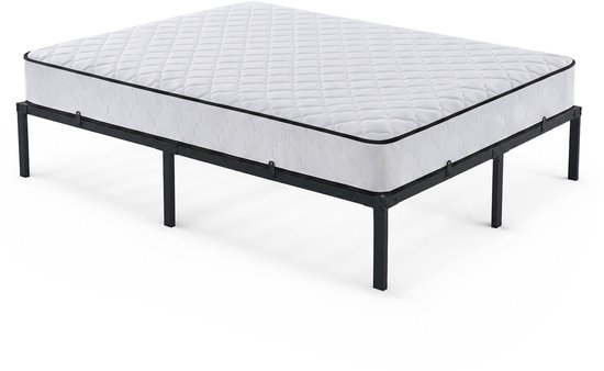 Matelas blanc avec passepoil noir sur un sommier métallique noir à 9 pieds.