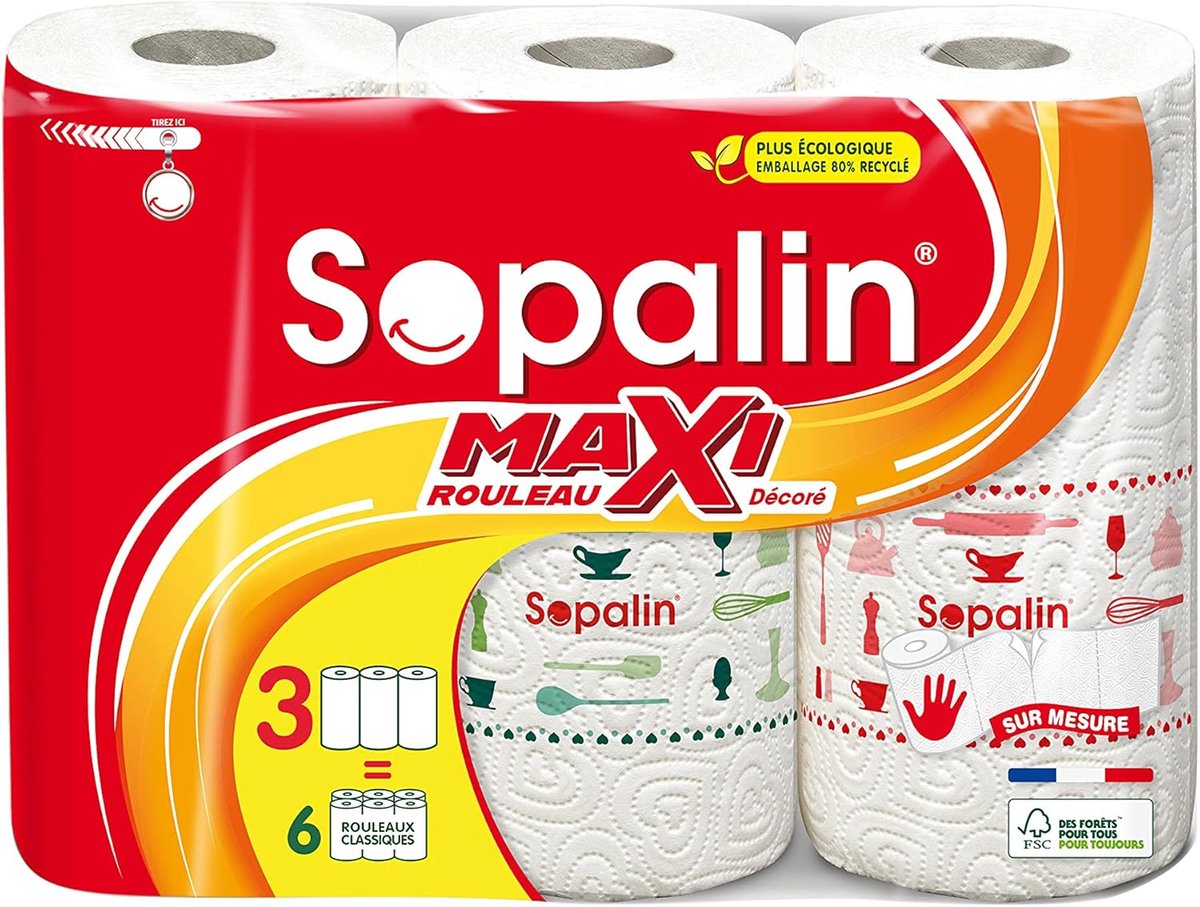 SnelShoppen - Sopalin Maxi Roll Decorated - 3 Maxi Rollen, Gelijk aan 6 Classic Rollen, Dubbel Laag, Half Vellen, Wit, Ideaal voor Keuken & Feest