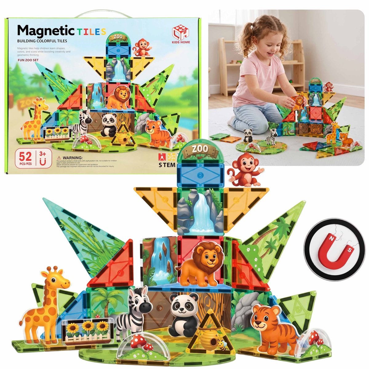Magnetische bouwblokken Zoo, creatieve bouwset met 52 onderdelen, voor kinderen 3+