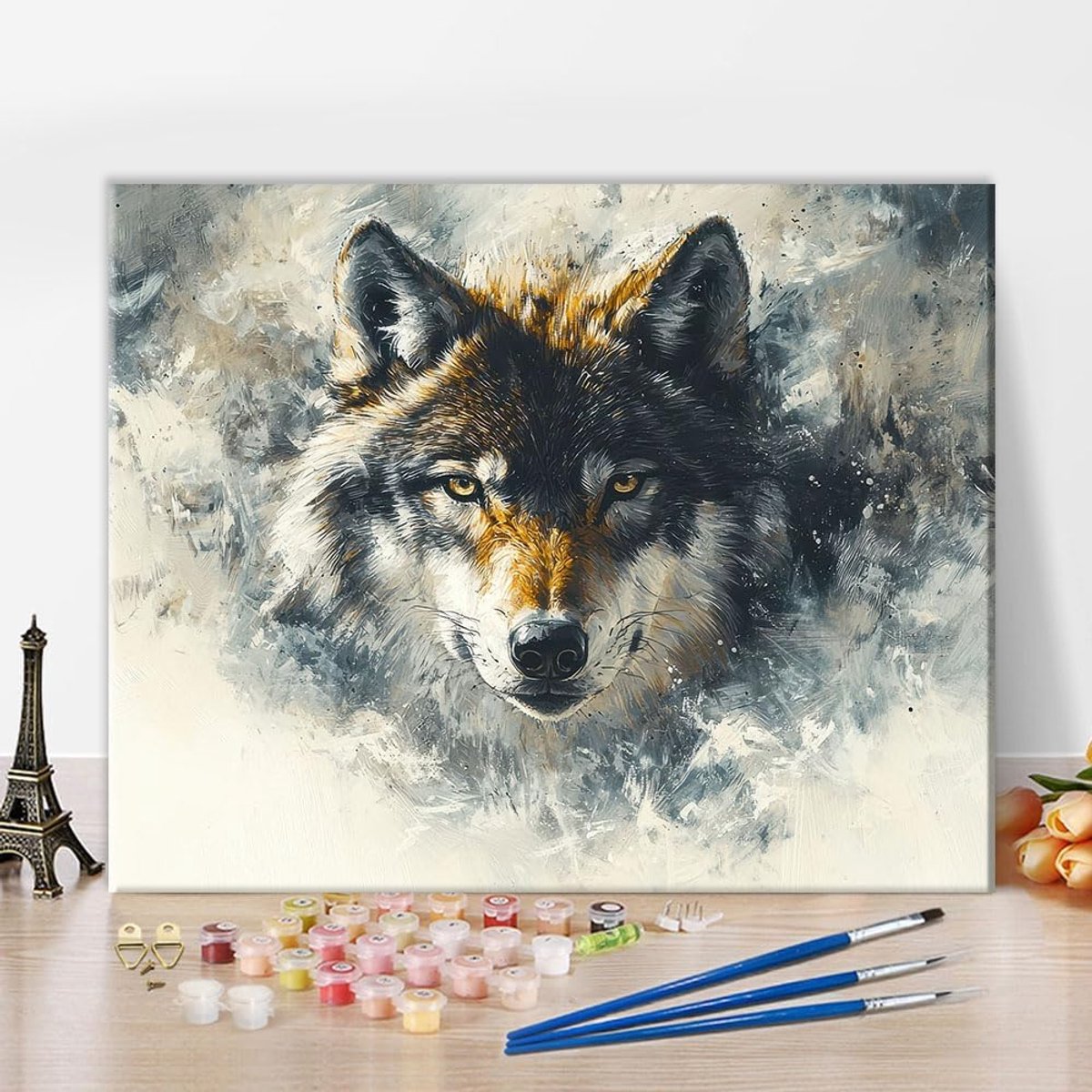 SnelShoppen - Paint by Numbers voor Volwassenen - Majestueuze Wolf DIY Schilderkit - 40x60cm Katoenen Doek met Acrylverf en Borstels - Perfect voor Be