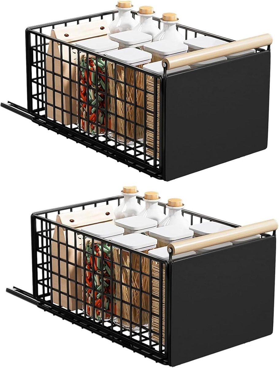 SnelShoppen - 2 Uittrekbare Schuifladen voor Keuken, Telescopische Lade met Houten Handvat, Metalen Organiser voor Keukenkasten, Zonder Boren, Diepere