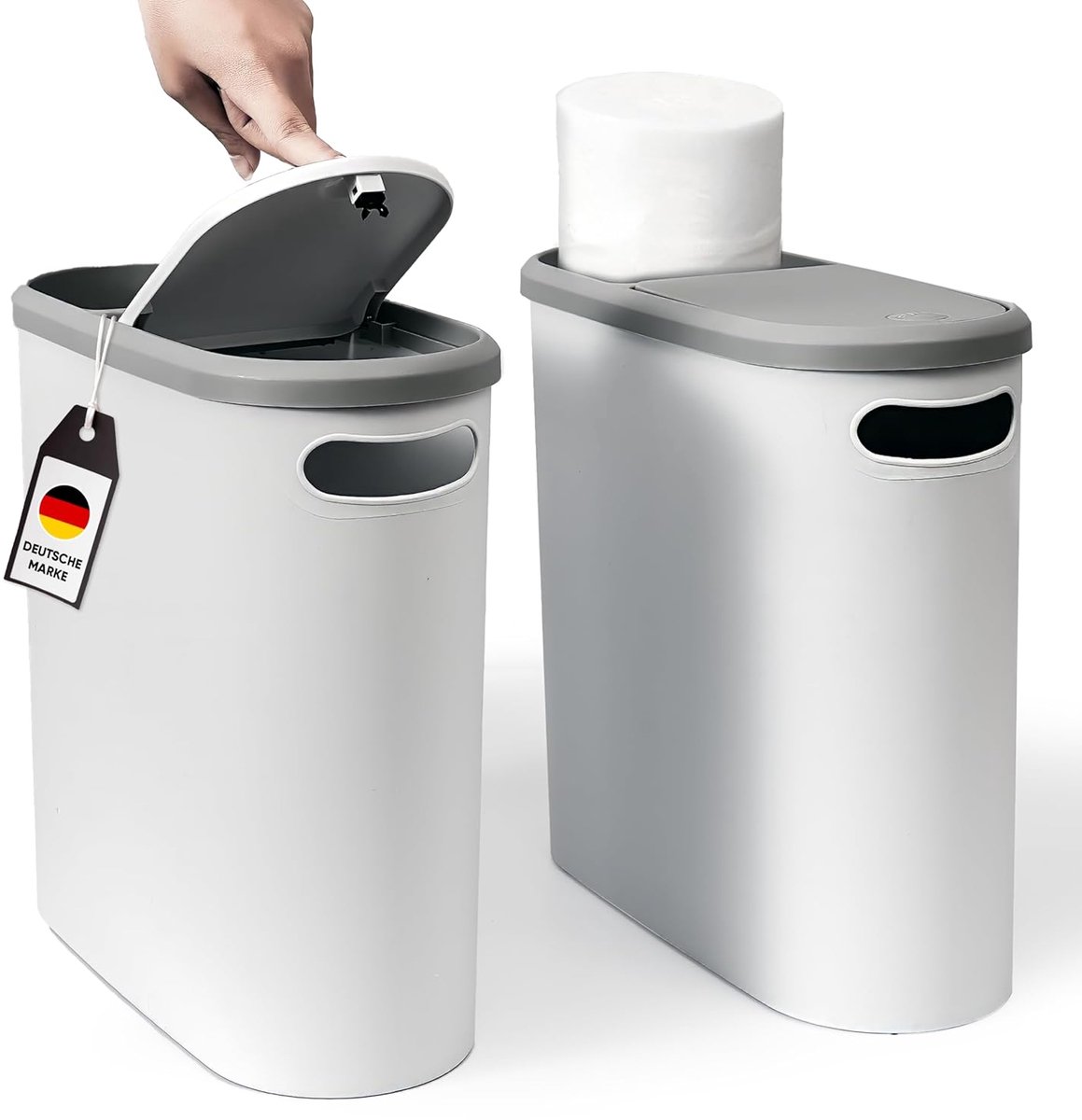 SnelShoppen - Kleine Vuilnisemmer met Deksel 10L, Ruimtebesparende Afvalbak met Persfunctie voor Badkamer, Keuken en Slaapkamer, Grijs/Wit