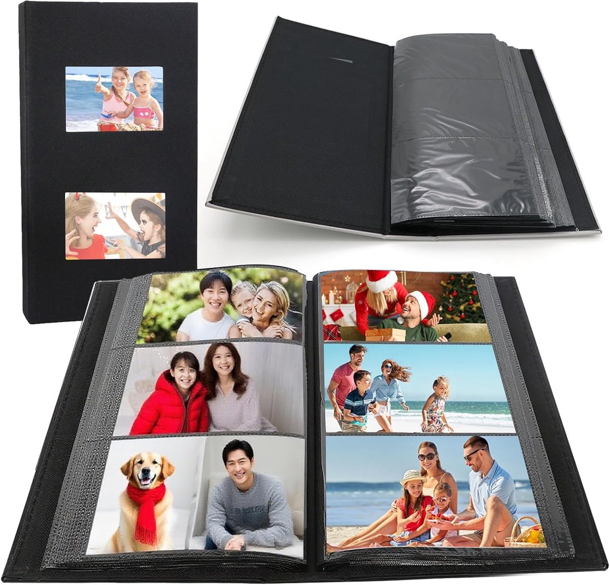 SnelShoppen - Fotoalbum Insteekalbum Zwart 18 x 33,5 x 5,5 cm - Fotoboek met Frontraam voor Bruiloft en Verjaardag - Hoogwaardig Leer met PP Binnenpag