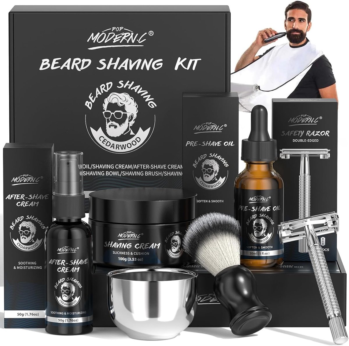 SnelShoppen - 8-delig Scheerset voor Mannen - Compleet Cadeau voor Kerst, Verjaardag - Inclusief Pre-Shave Olie, Scheercrème, Aftershave, Veiligheidss