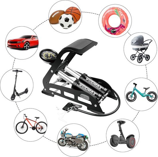 SnelShoppen - Dubbele Vat Voetpomp - Dubbele Cilinder Fietspomp - Draagbare Fietspomp voor Racefiets - Vloerpomp met Manometer en Slimme Klepkop - Ide — afbeelding 3