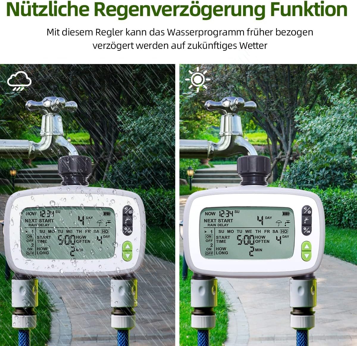 SnelShoppen - Irrigatiecomputer met 2 onafhankelijke uitgangen, automatische/handmatige watertimer, regenvertraging, groot LCD-scherm voor tuinplanten