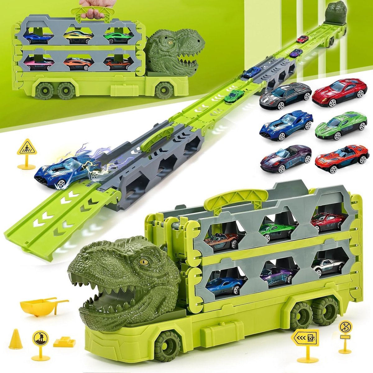 Grote Dinosaurus Transporter Met 6 Kleine Speelgoedauto's Dubbelsporig Baanontwerp - Pull-Back Jet Geen Batterijen Veilig ABS - Educatief Cadeau Voor Kinderen - Groen