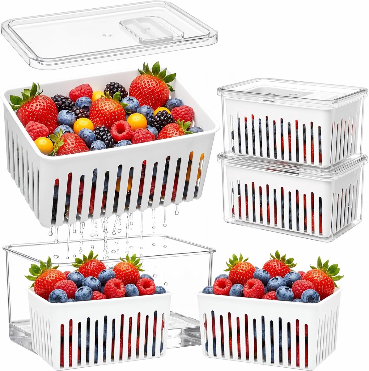 VHV - Vershoudbakjes - Fruit- en groentebak met vergiet en deksel - Verstelbare ventilatie - Koelkast organizer - Set van 2 - 2.4 liter - 21,1 x 14 x 10,9 cm - Wit