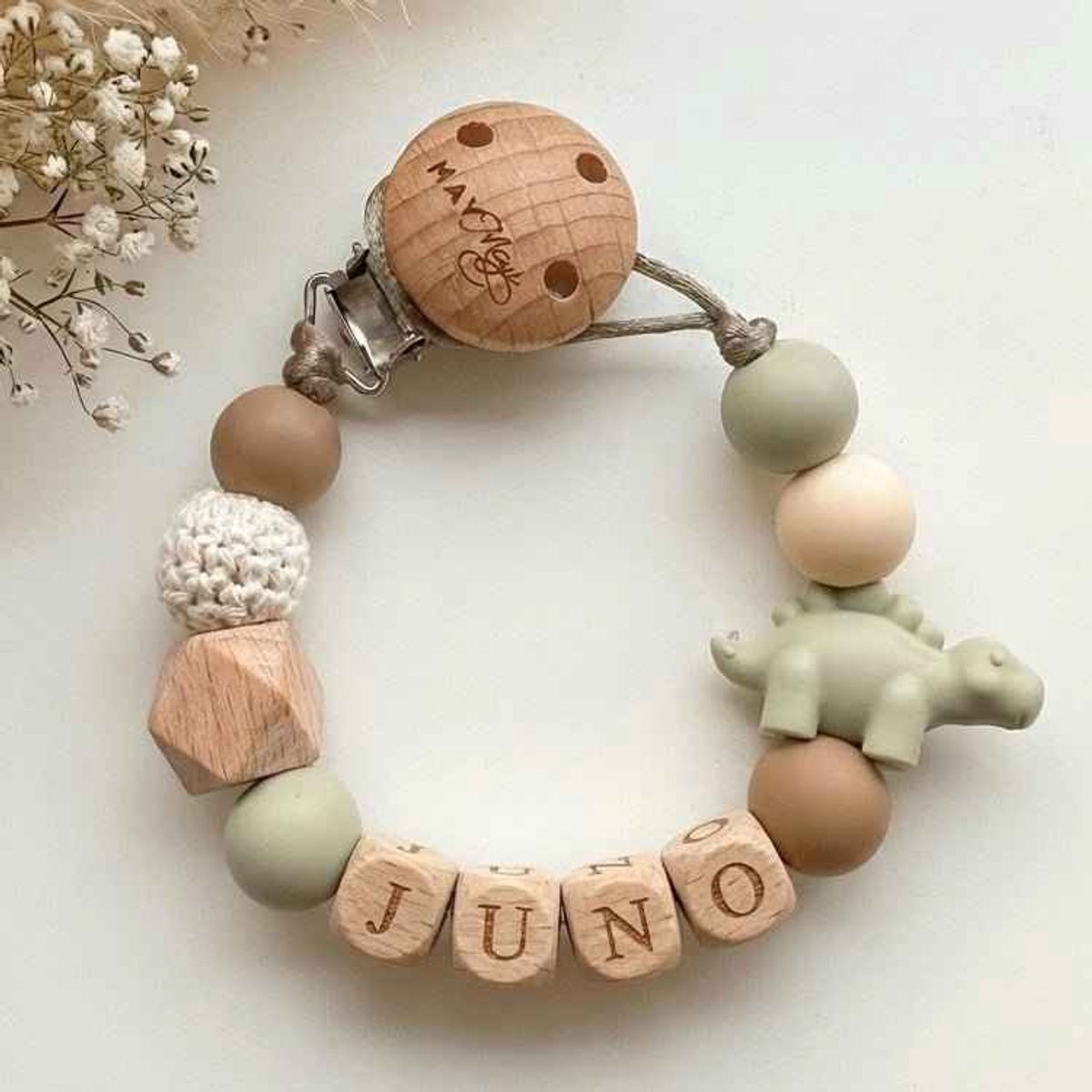 May Mays | Speenkoord met Naam | Dinosaurus Groen | Gepersonaliseerde Speenketting Baby | Kraamcadeau Pasgeborene | Babyshower Cadeau | Newborn Gift | Houten letterkralen