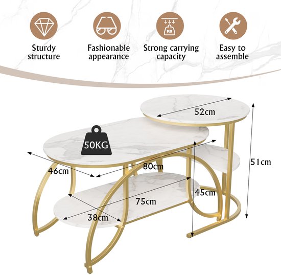 Salontafel met marmerpatroon en gouden frame, met afmetingen 80x46x51cm, 52x38x45cm en 75cm.