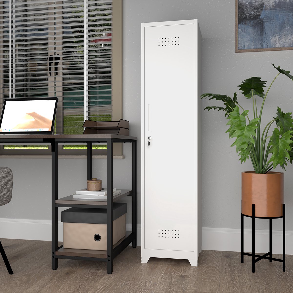 Wishdor - Kast - Smalle metalen opbergkast - met legplanken, hangstang en slot - basic stijl - voor keuken, kantoor of garage - wit - 40 x 40 x 165 cm