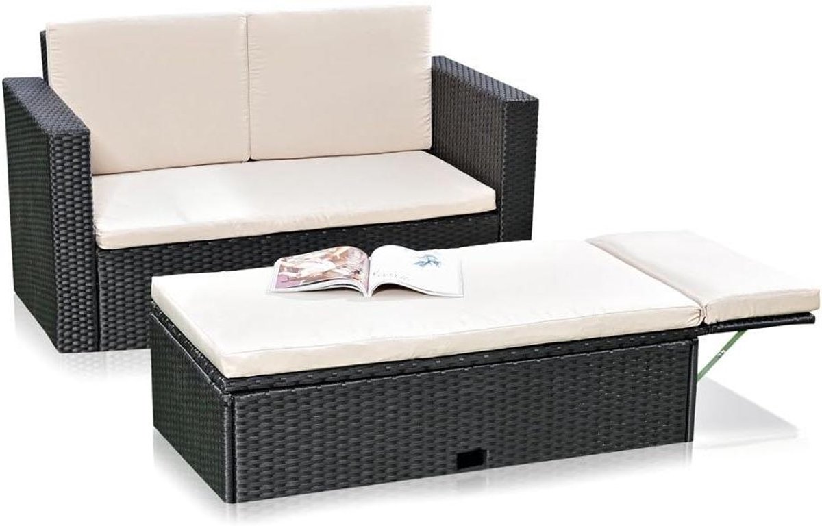 Lounge bank set - Tuinset buiten - Ontspannen buiten - Inklapbare voetenbank - 123 cm breed - Zwart