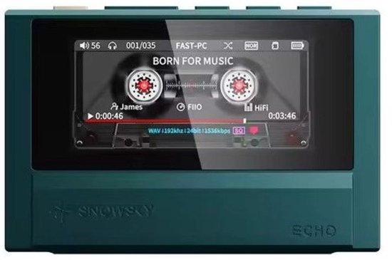 Groene Snowsky Echo muziekspeler met een cassetteband-interface op het scherm. BORN FOR MUSIC.