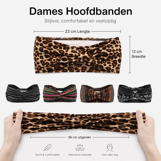 Dames hoofdbanden in luipaardprint, zwart met strepen, kleurrijk gestreept, etnisch patroon en paisley. Maten: 23x13cm uitgerekt 36cm.
