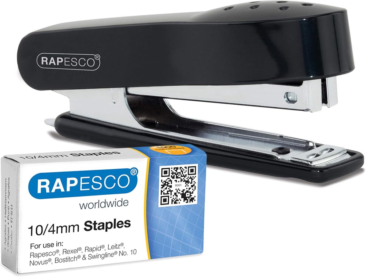 SnelShoppen - Compacte Toploader Heftang met 1000 Stukken 10/4mm Nietjes, Zwart, 12 Blad Capaciteit, Ideaal voor Studenten en Mobiele Gebruikers