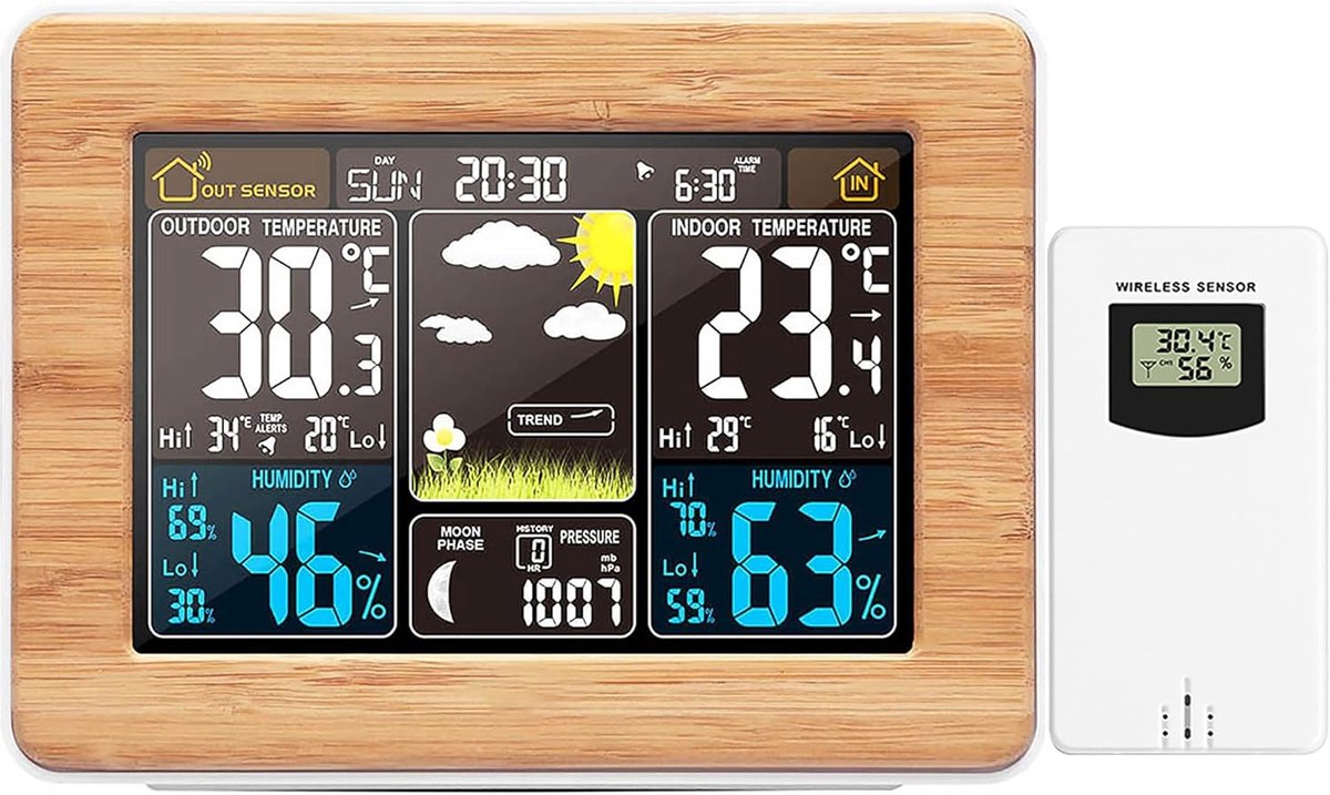 SnelShoppen - Draadloze Weerstation Digitale Kleurrijke Weer Voorspelling Klok met Buiten Sensor Binnen Buiten Thermometer met Tijd Datum Temperatuur