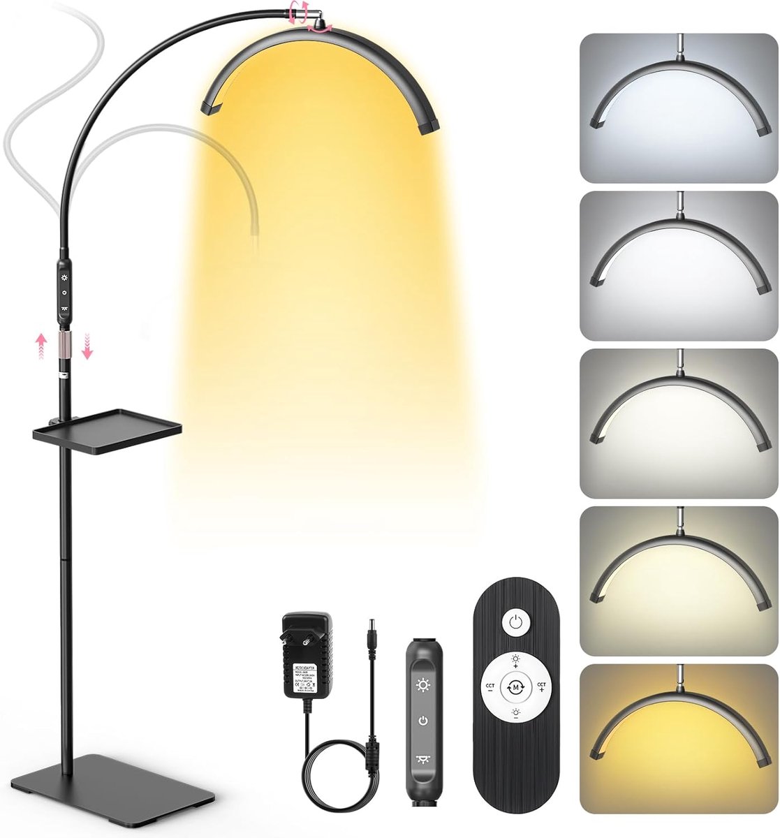 SnelShoppen - Professionele Wimperverlengingslamp 18'' Opvouwbaar, Halve Maan Nagellamp met 5 Kleuren, Dimbaar en 360 Graden Draaibaar, Zwart voor Woo