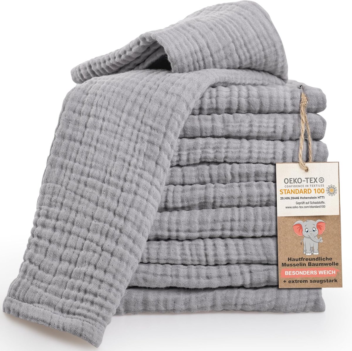 SnelShoppen - 10 Premium Burp Cloths voor Baby's, Zachte Muslin Doeken van 100% Katoen, 30 x 50 cm, Oeko Tex 100, Grijs, Perfect voor Voeden en Versch