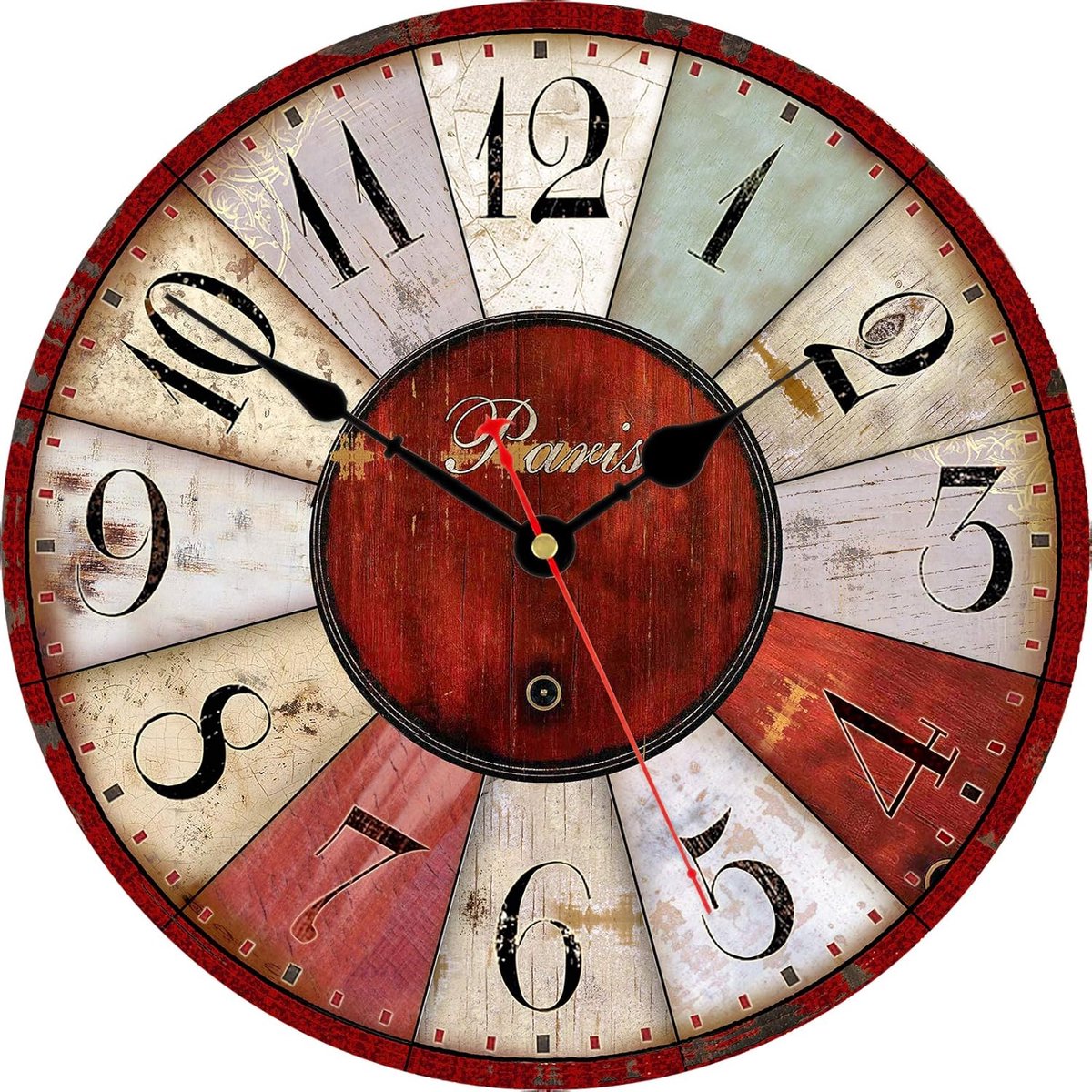 SnelShoppen - Vintage Rode Wandklok 30 cm - Franse Parisian Stijl - Stille Retro Klok Zonder Tikkend Geluid - Houten Wanddecoratie voor Keuken, Woonka