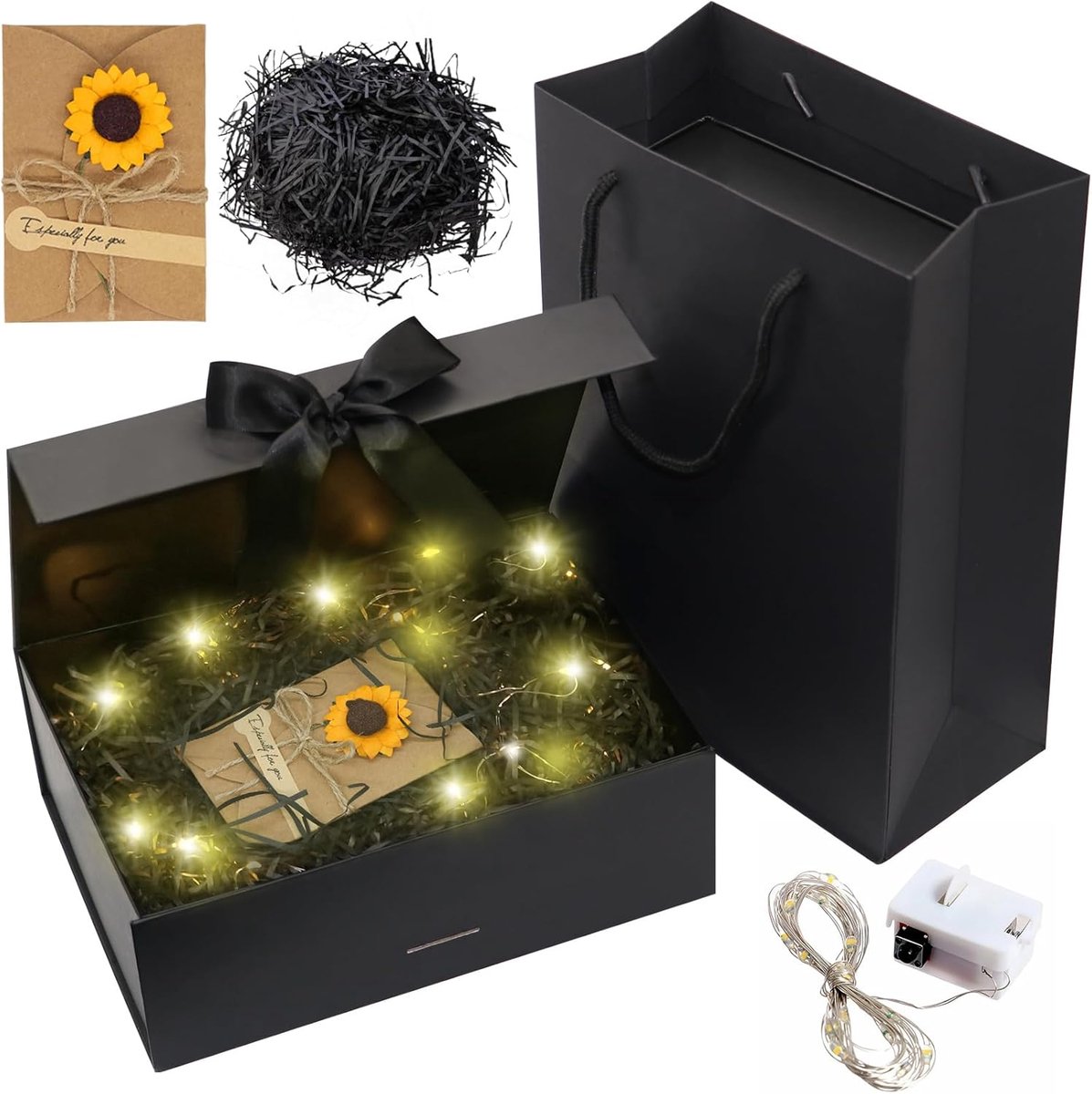 SnelShoppen - Grote Cadeau Doos met Deksel en Magnetische Sluiting - Zwart L - Inclusief Cadeauzak, LED Verlichting, Raffia en Groetkaart - Perfect vo