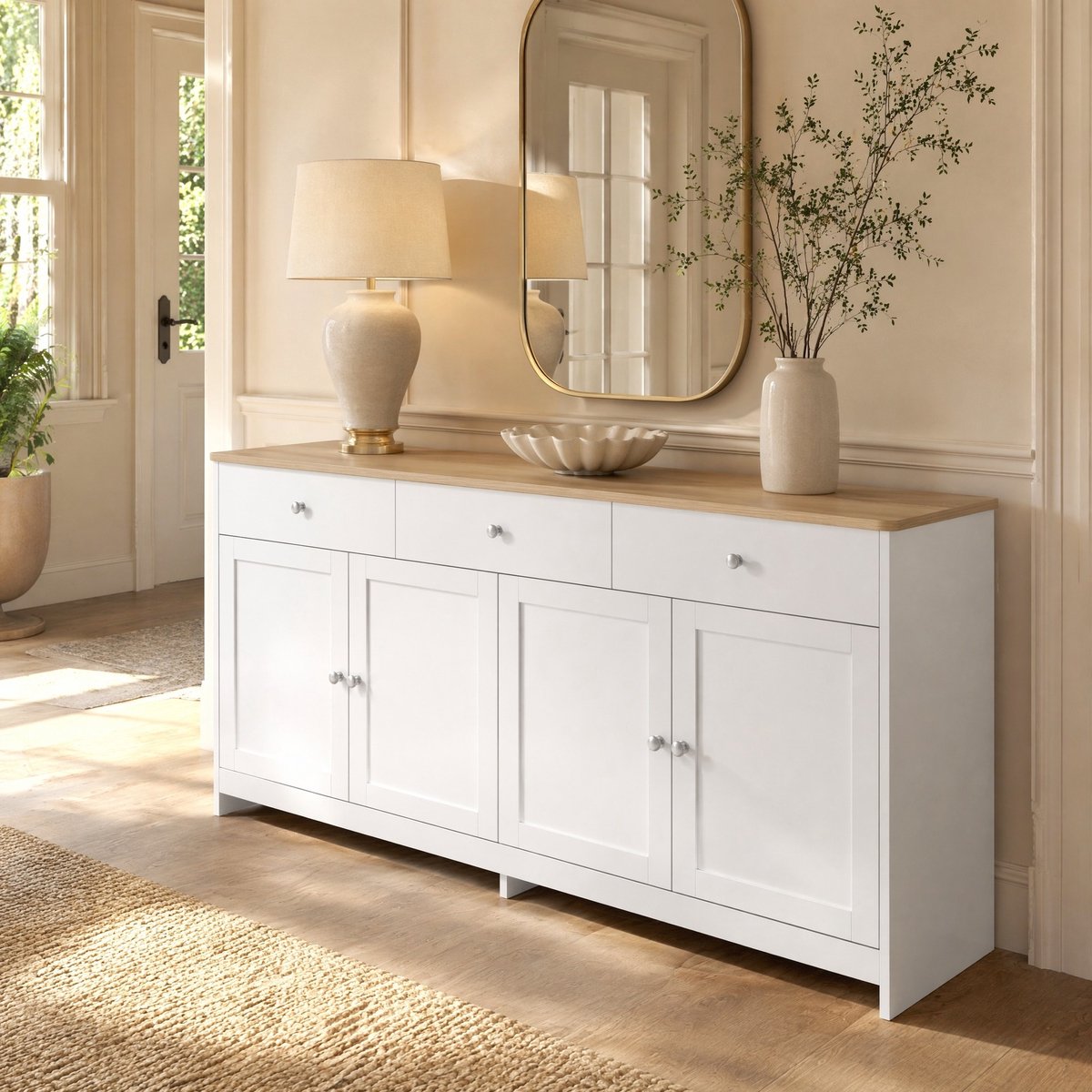 Wishdor - Dressoir - 4 deuren en 3 lades - verstelbare planken - landelijk - woonkamer en eetkamer - houtlook en bewerkt hout - wit - 160 x 37 x 75 cm