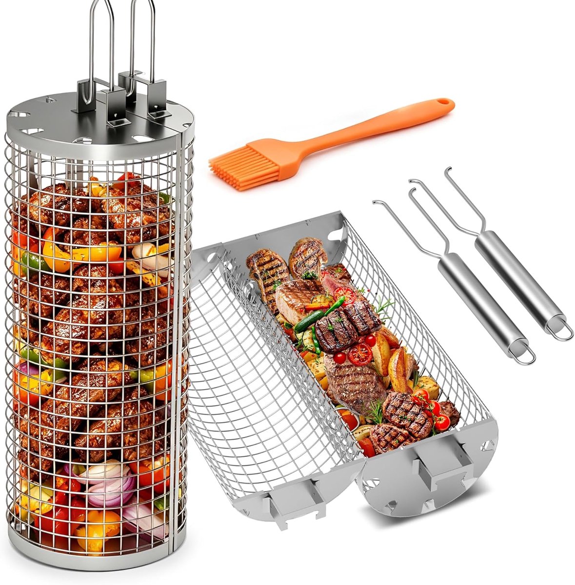 2-delige roterende barbecuemand set met afneembaar roestvrijstalen handvat - zwart, voor groenten, vlees en zeevruchten