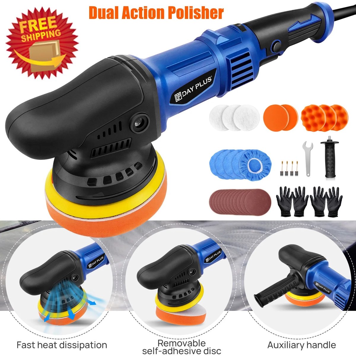 Cherrys Finds - Polijstmachine - Polijstschijven - Polijstmachine Auto - Polijstmachines - Polijstset - 5000 W - Dual-action excentrische autobuffer - 6 snelheden - Autodetaillering - 120mm