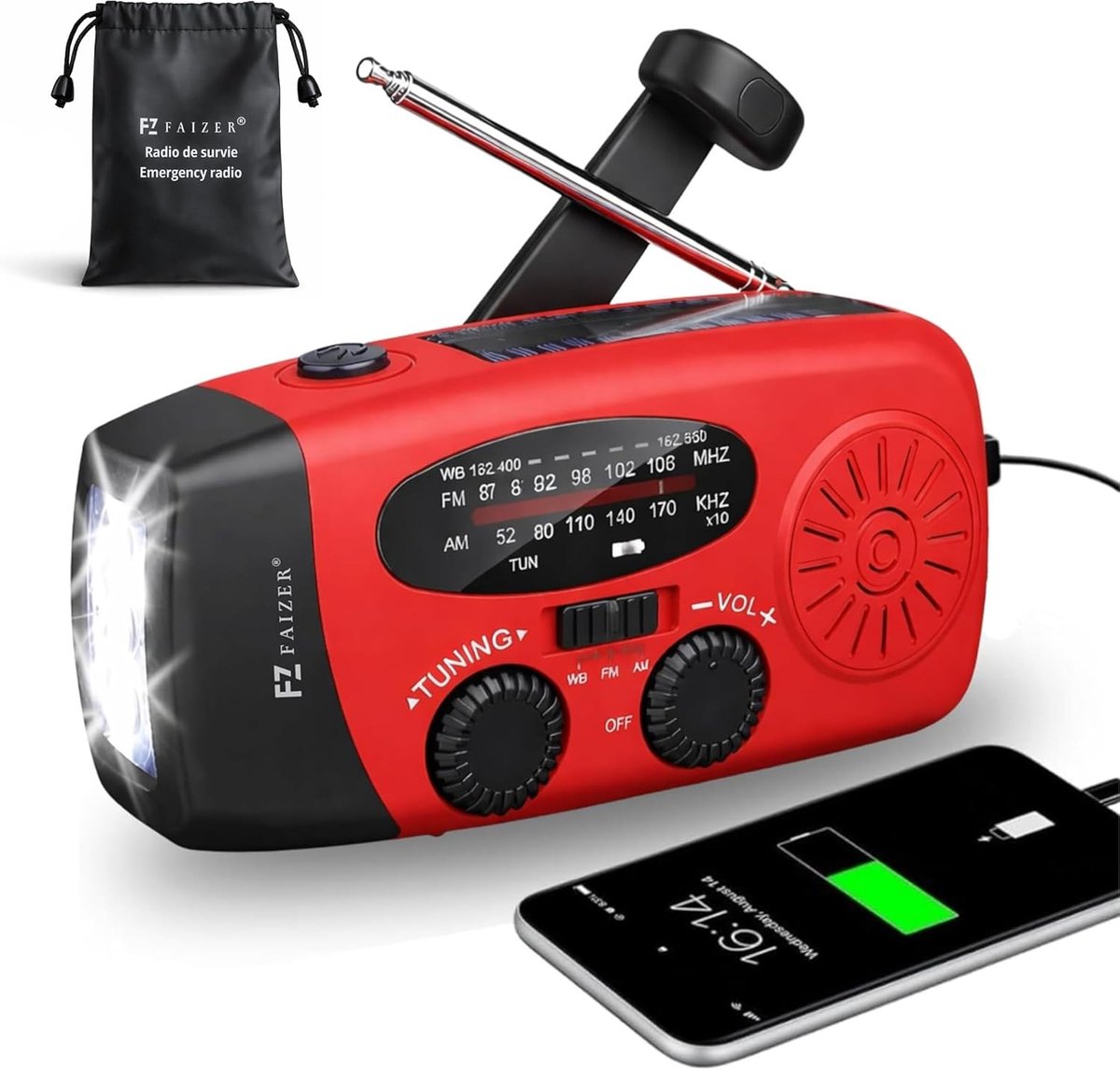 SnelShoppen - Faizer Emergency Radio Power Bank Portable Vintage - Retro Crank Radio met AM/FM, USB Opladen, 2000mAh Power Bank, SOS Alarm & LED Zakla