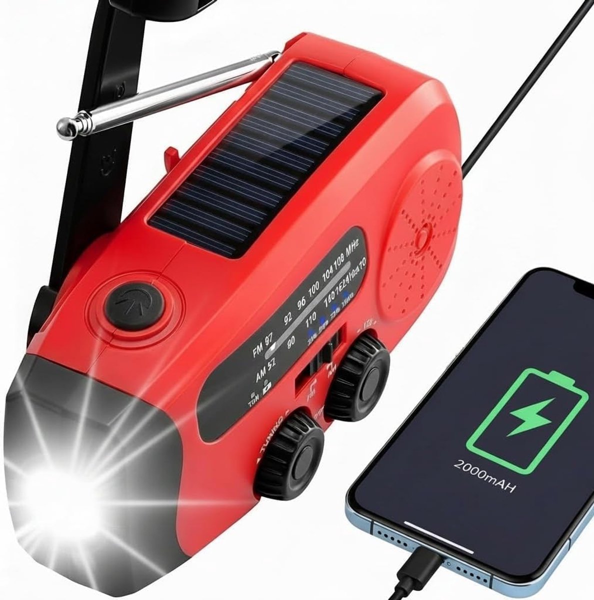 SnelShoppen - Solar Oplaadbare Rotating Radio, Draagbare Noodradio, 2000mAh Power Bank, SOS Alarm, USB Telefoon Lader, AM/FM + Weeralarm voor Camping