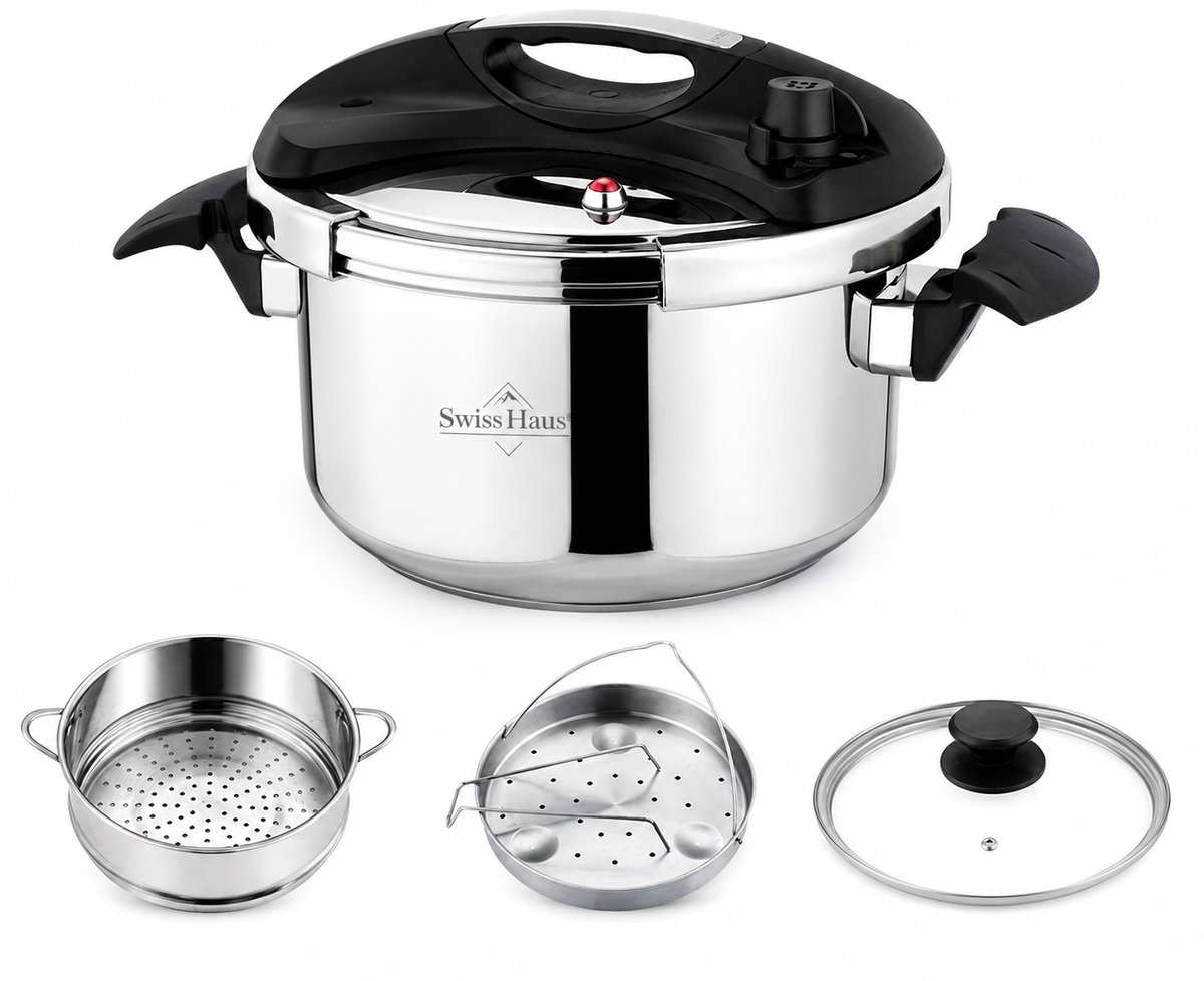 Swiss Haus® PCJ4L Snelkookpan Inductie - 4 Liter / Ø 24 cm - PFAS Vrij - 3 in 1 Pressure Cooker met Stoommand & Inzetpan - Pan Voor Alle Warmtebronnen - Instant koken - Eenhandig Mechanisme - RVS
