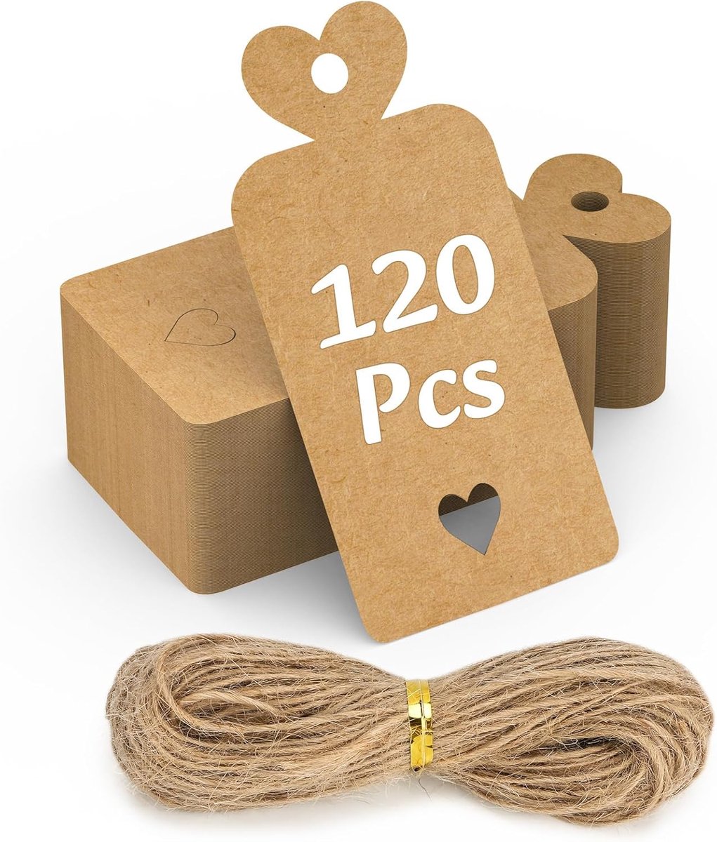 SnelShoppen - 120PCS Kraft Paper Gift Labels 5x10CM met Touw voor Cadeaus, Prijslabels, Bruiloft, Kerstboom, Hartvormig, Papieren Etiketten