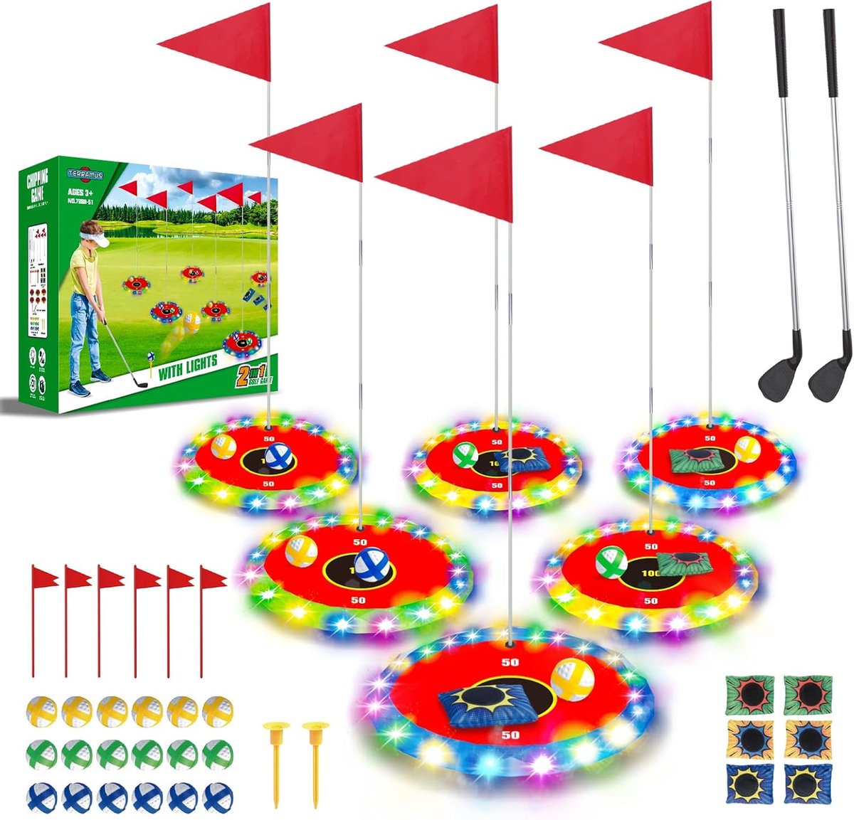 SnelShoppen - Luminous Golf Game Set voor Kinderen, 2-in-1 Golf en Gooi Spel, 16 Ballen, 2 Slagen, 6 Verlichte Targets, Indoor en Outdoor Spelset voor