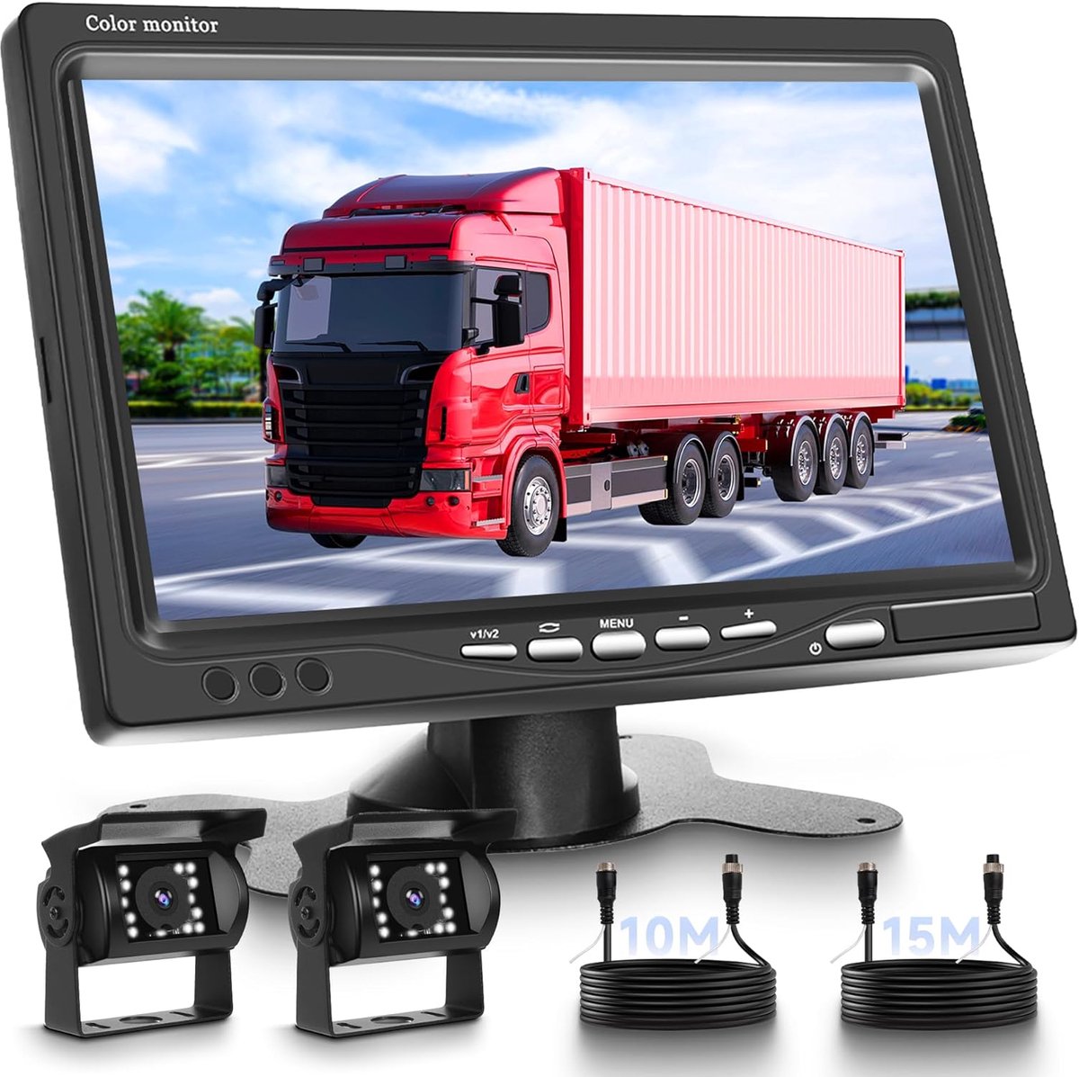 SnelShoppen - Achteruitkijkcamera Set met 7 Inch Monitor, 2 Camera's, IP68 Waterdicht, 18IR Nachtzicht, Kabel Parkeersensor voor Truck, Trailer, Bus,