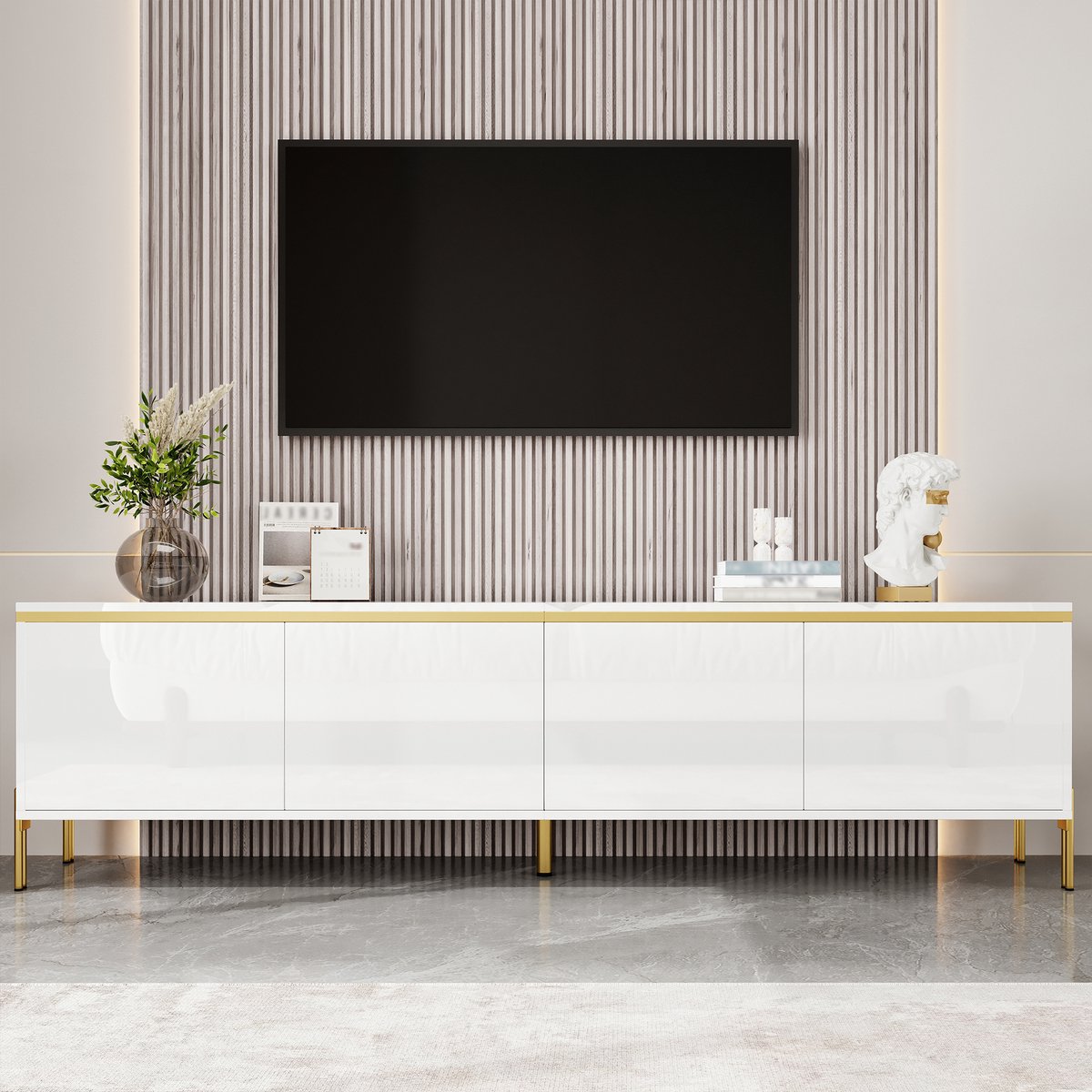 Wishdor - TV-meubel - 4 deuren en kabeldoorvoer - modern minimalistisch dressoir voor woonkamer - hoogglans houtlook met metalen poten - wit - 170 cm