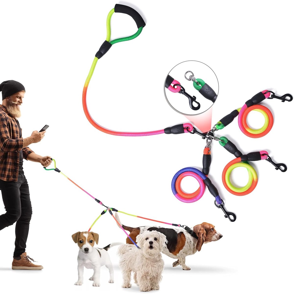 Thijox - 3-in-1 hondenriem met verstelbare afneembare koppeling, 180 cm dubbele riem voor honden, 360 graden draaibaar, geen klitten, ideaal voor wand