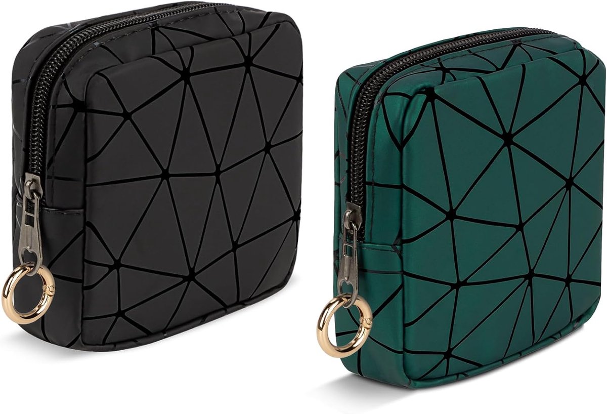 SnelShoppen - Grote Makeup Tas Toilettas Waterdicht PU Draagbaar Cosmetica Tas voor Vrouwen, C-Black en Green, Mini en Large Formaat