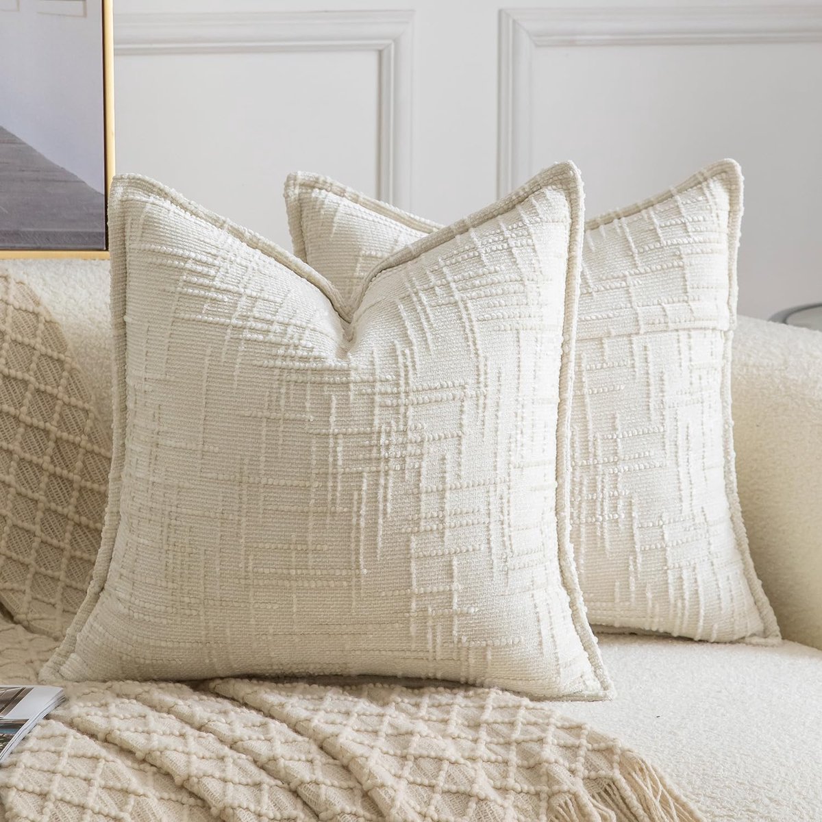 SnelShoppen - Set van 2 Chenille Kussenhoezen 50x50cm - Zachte Neutrale Decoratieve Kussens voor Bank en Slaapkamer - Boho Accent Kussens in Crème/Wit