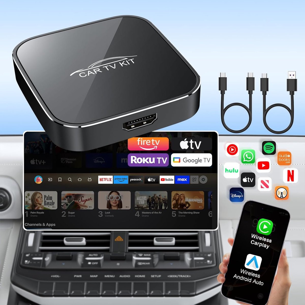 SnelShoppen - 3-in-1 Car TV Mate Pro - HDMI Multimedia Adapter voor Auto met Draadloze CarPlay & Android, 2K QHD Streaming voor Netflix, YouTube, Fire